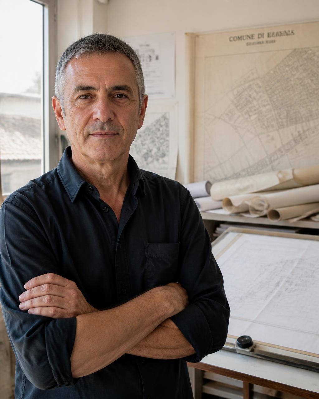 Ritratto del Geom. Marco Bianchi nello studio tecnico di Verona