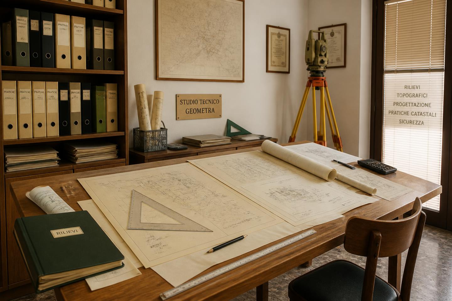 Interno dello studio tecnico: tavolo da disegno con tavole di rilievo, archivio pratiche e stazione totale